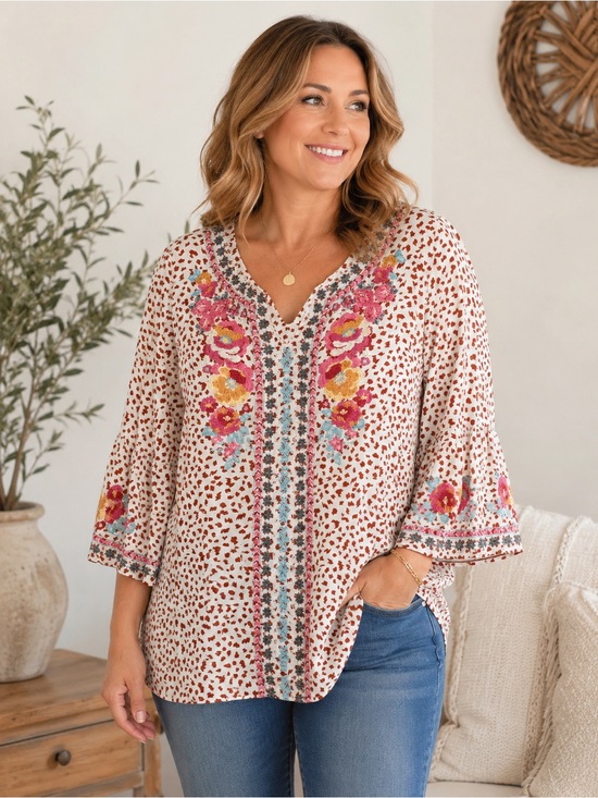 Savanna Jane Tops - Savanna Jane Cream Tunic with Pink, Teal & Yellow Embroidery